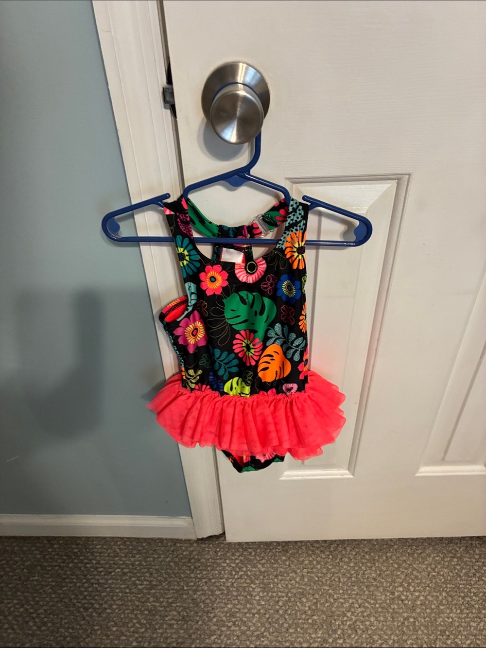 Cat & Jack Black Tropical Floral Ruffle Swimsuit with Neon Pink Trim